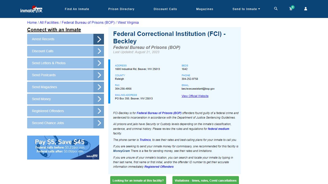 Federal Correctional Institution (FCI) - Beckley - Federal Inmate ...