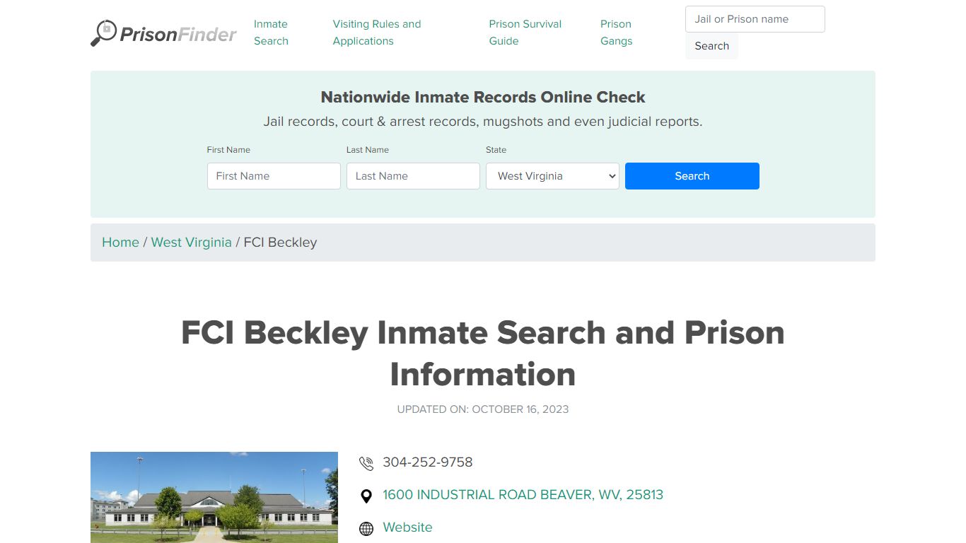 FCI Beckley Inmate Search and Prison Information - Prisonfinder.org