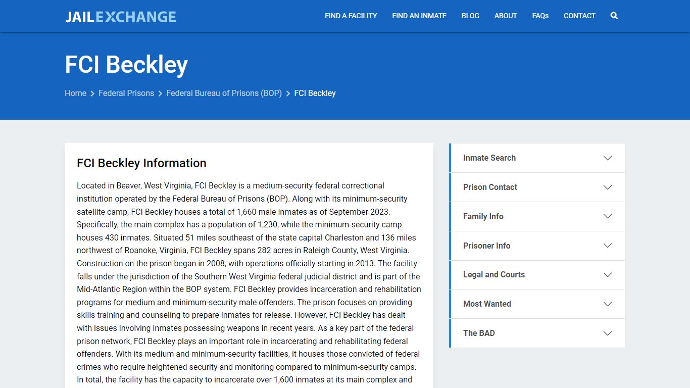 Federal Inmate Search - FCI Beckley - Jail Exchange